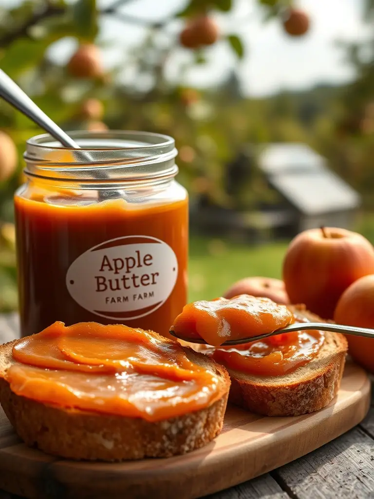 A jar of apple butter, with a spoon scooping some out, next to a slice of bread with apple butter spread on it, set against a backdrop of the farm's orchard.