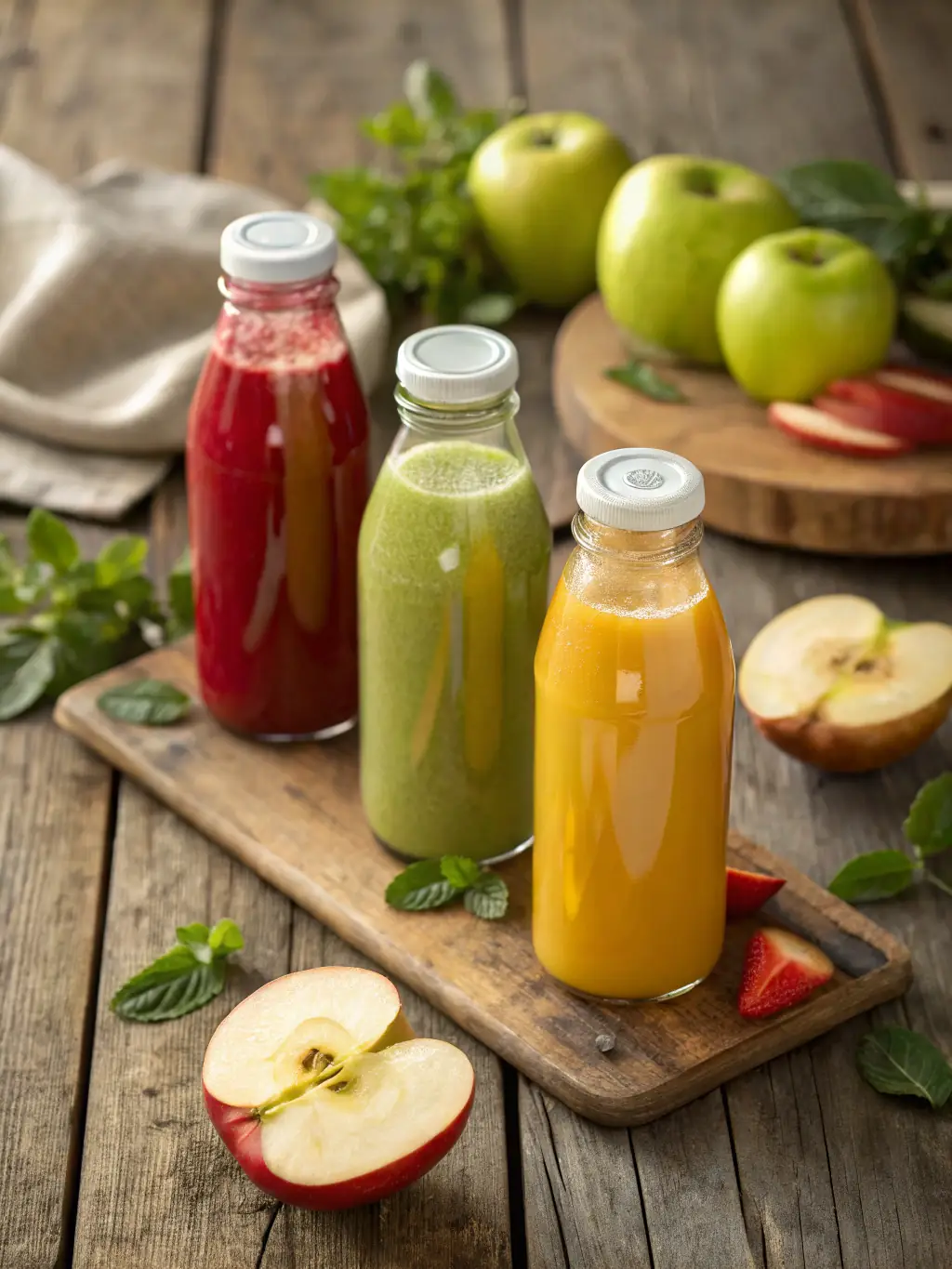 A rustic display of freshly pressed apple cider in glass bottles, arranged on a wooden shelf in the farm shop, with a label highlighting its natural ingredients.