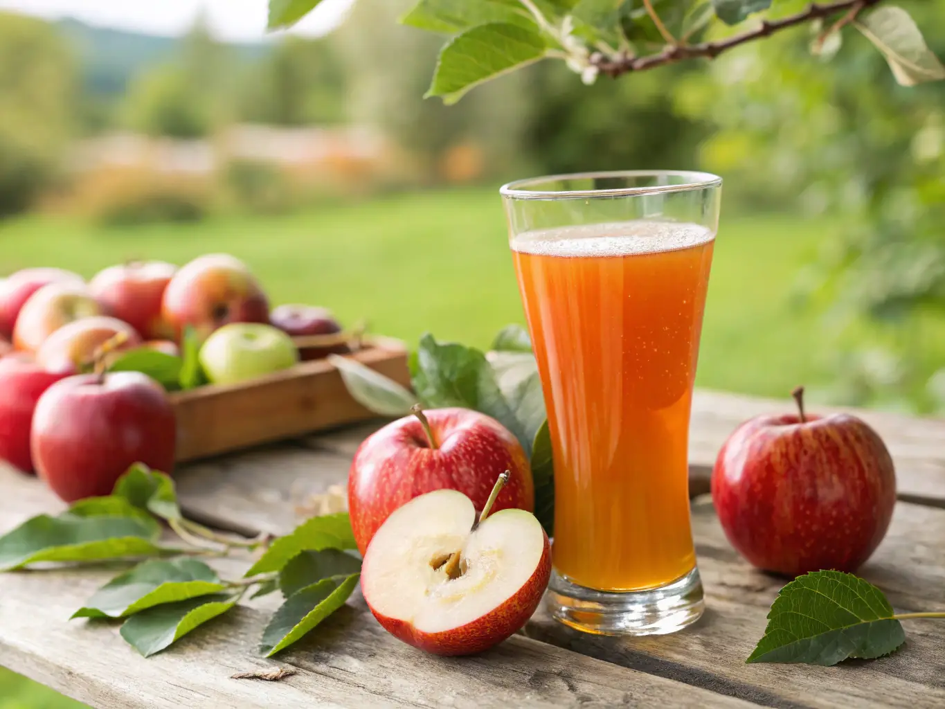 A glass bottle of golden apple cider with a rustic label, placed on a wooden table with apples and cinnamon sticks scattered around.