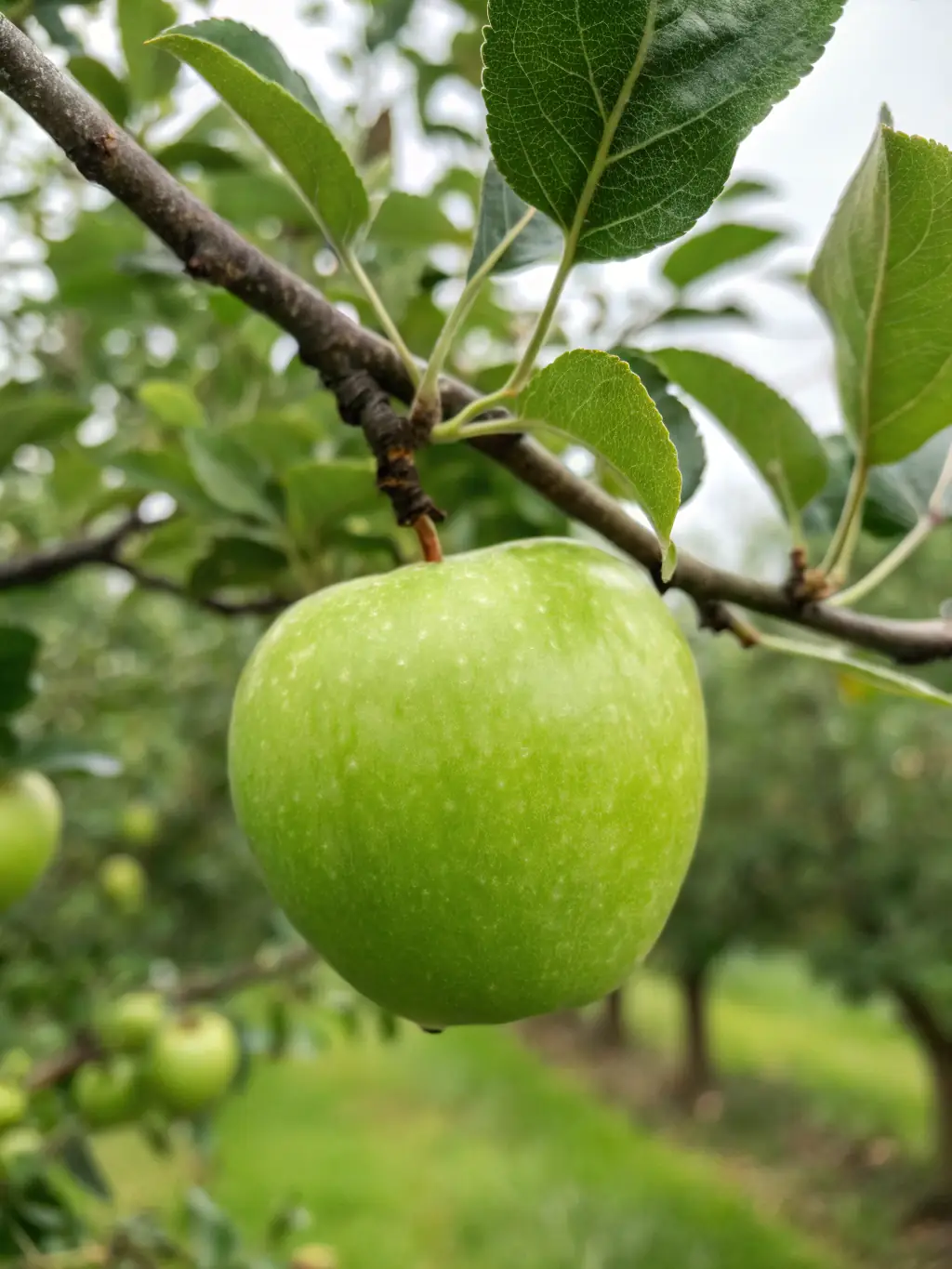 A vibrant green Granny Smith apple, showcasing its bright color and firm texture, held in a farmer's hand.