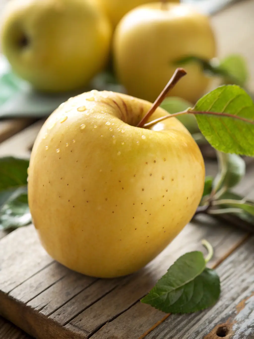 A golden-yellow Golden Delicious apple, perfectly ripe, displayed on a rustic wooden crate in the farm shop.