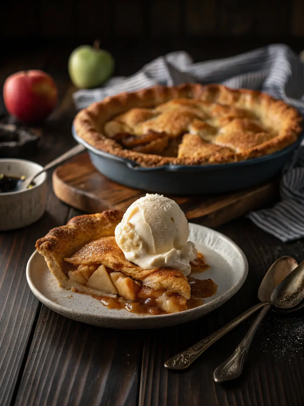 A stack of homemade apple pies on a checkered tablecloth, with a warm, inviting background of the farm shop, emphasizing the deliciousness of the baked goods.