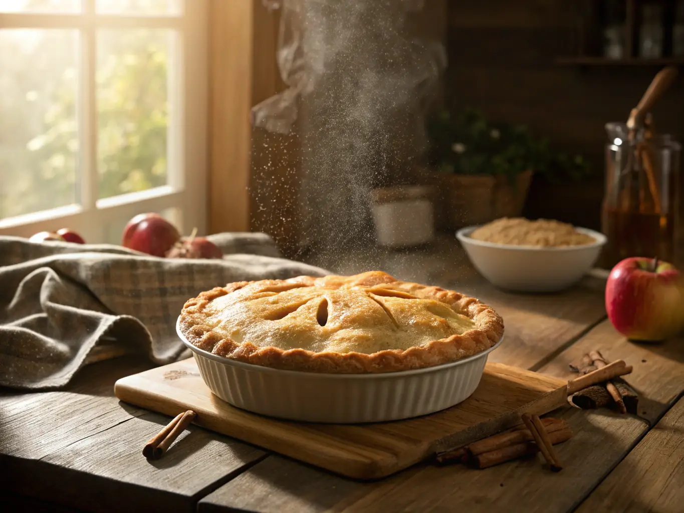 A neatly arranged display of apple pies on a wooden shelf in a farm shop, with a warm, inviting light.